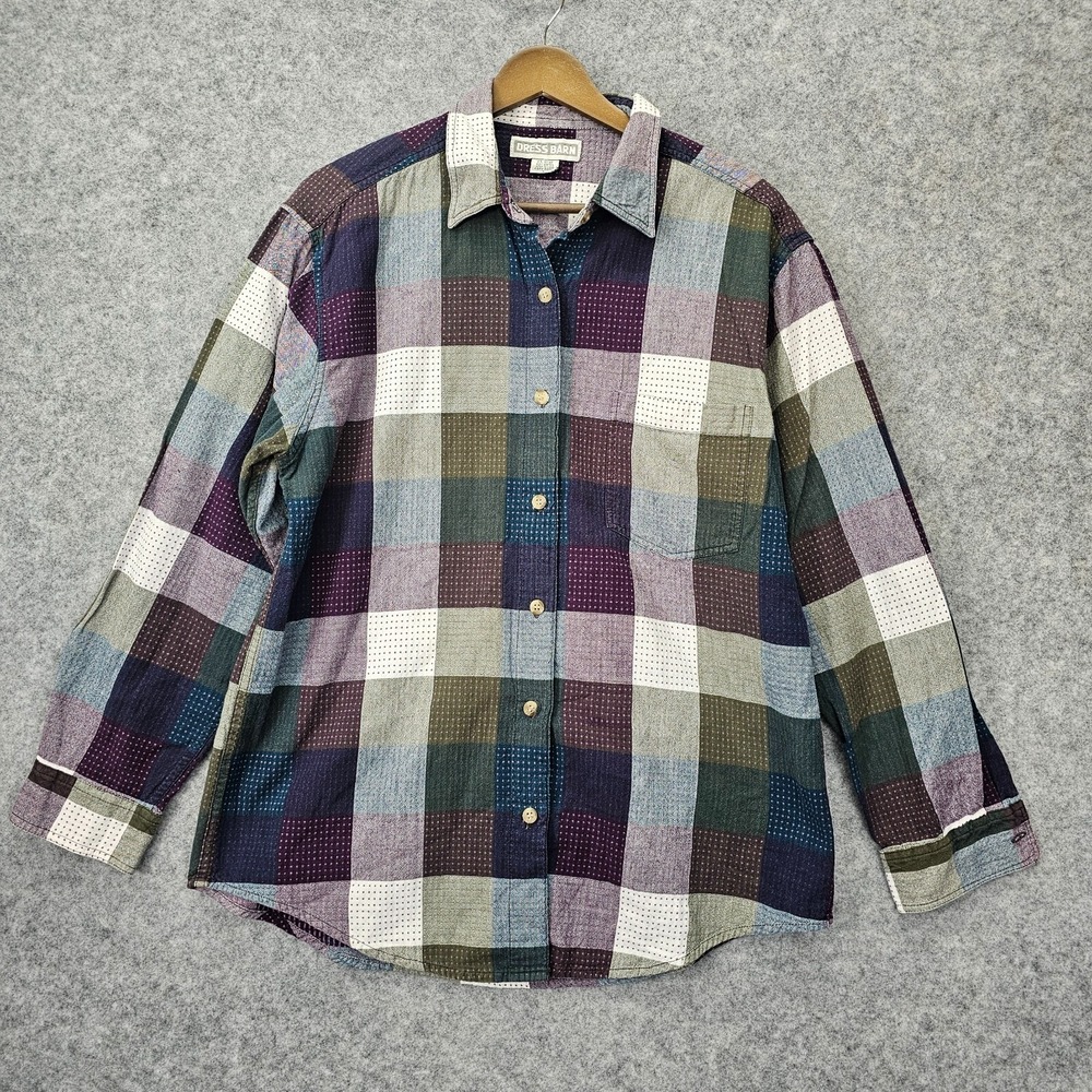 Vintage Patchwork Plaid Shirt Womens L Purple Cabin Baggy 90s DRESS BARN 22x26